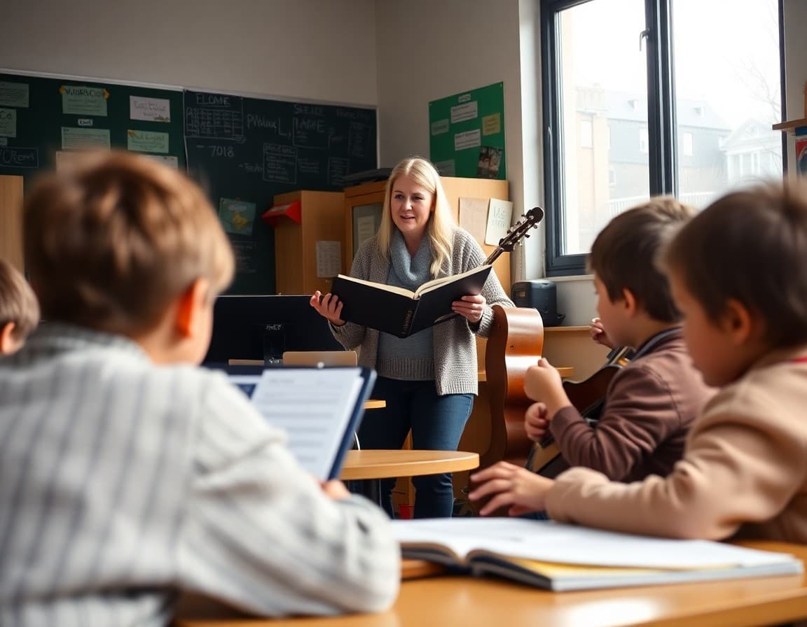 Music teacher introducing second semester curriculum to students in January