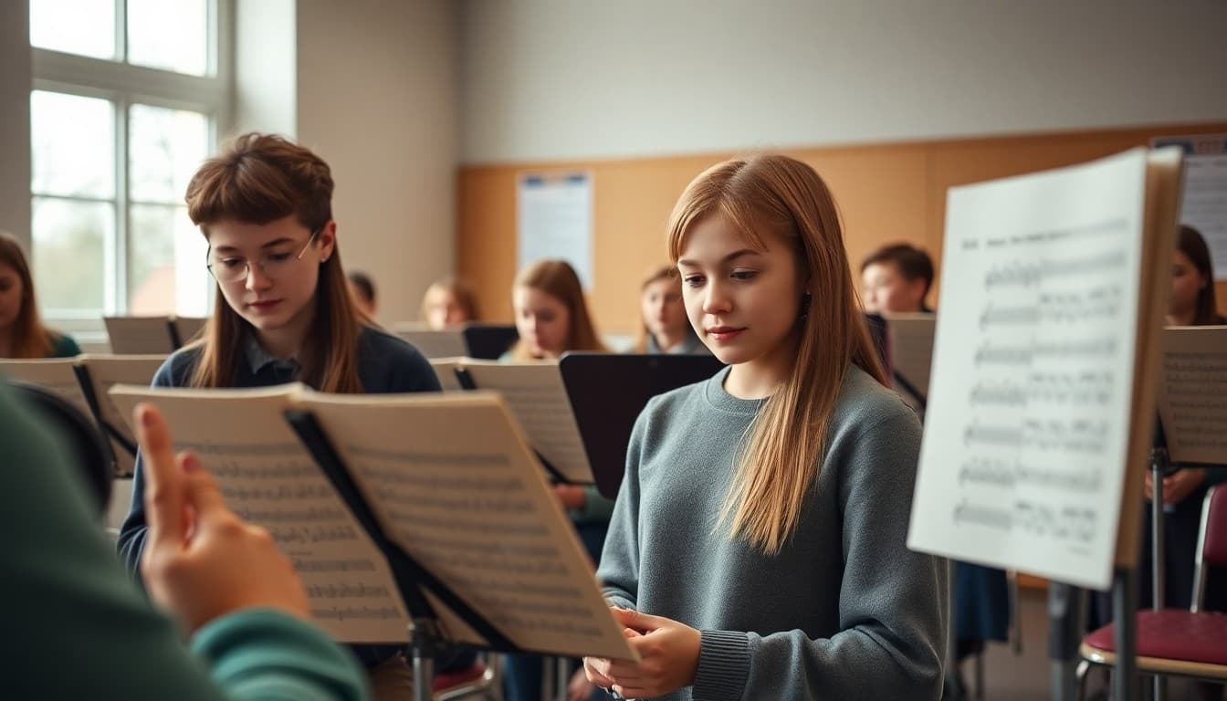 Music students returning to rehearsal in January with new sheet music on stands
