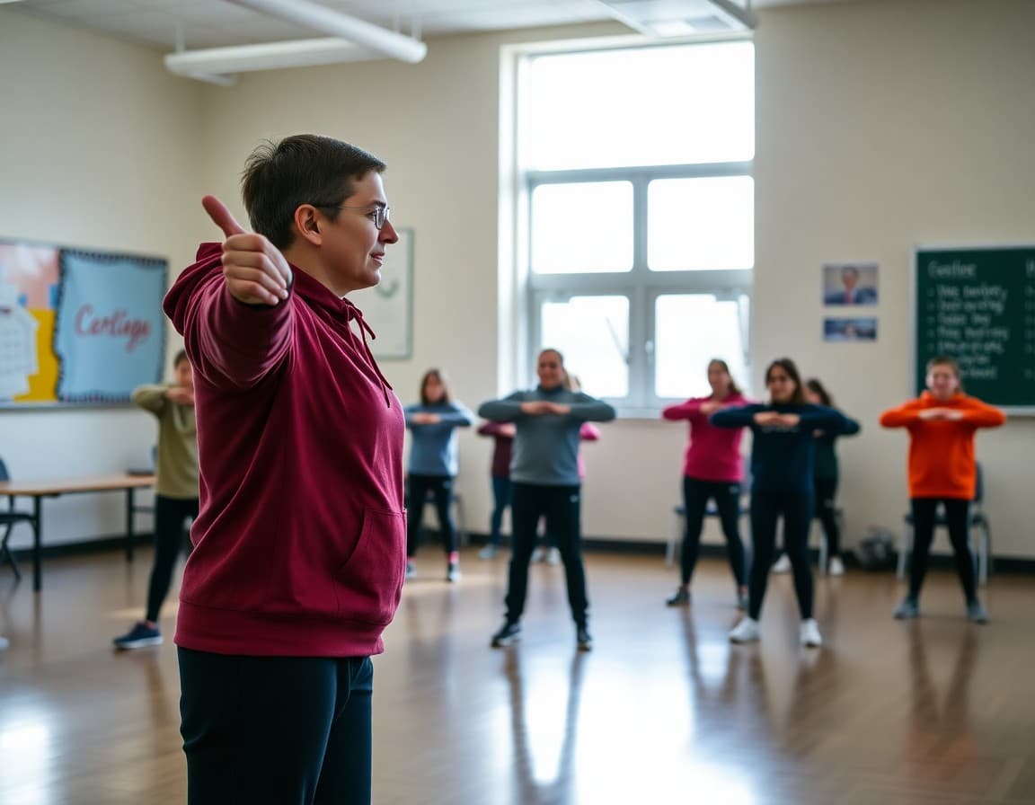 PE teacher leading stretching warm-up in January class after winter break