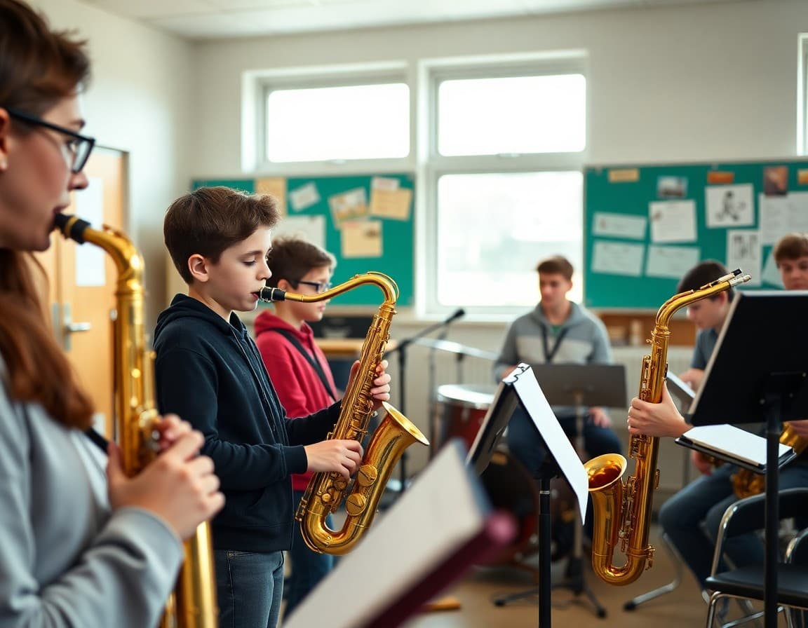 Jazz band students rehearsing in school music room with saxophones and rhythm section