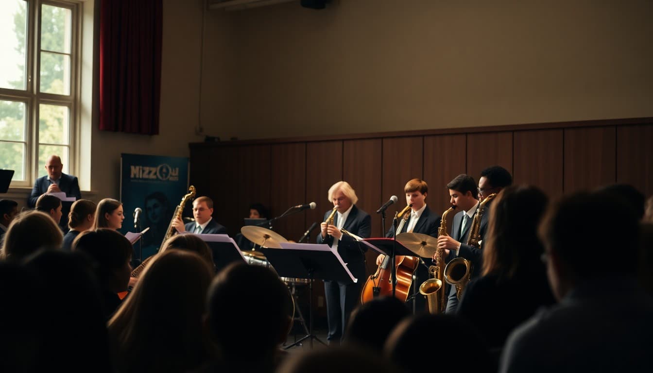 School jazz band performing at jazz concert for audience with spotlight on stage