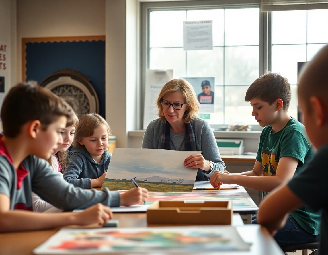 Art teacher and students working on Great Plains arts project in Kansas school classroom