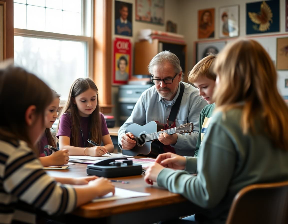Art teacher and students working on Appalachian and Bluegrass arts project in Kentucky school classroom