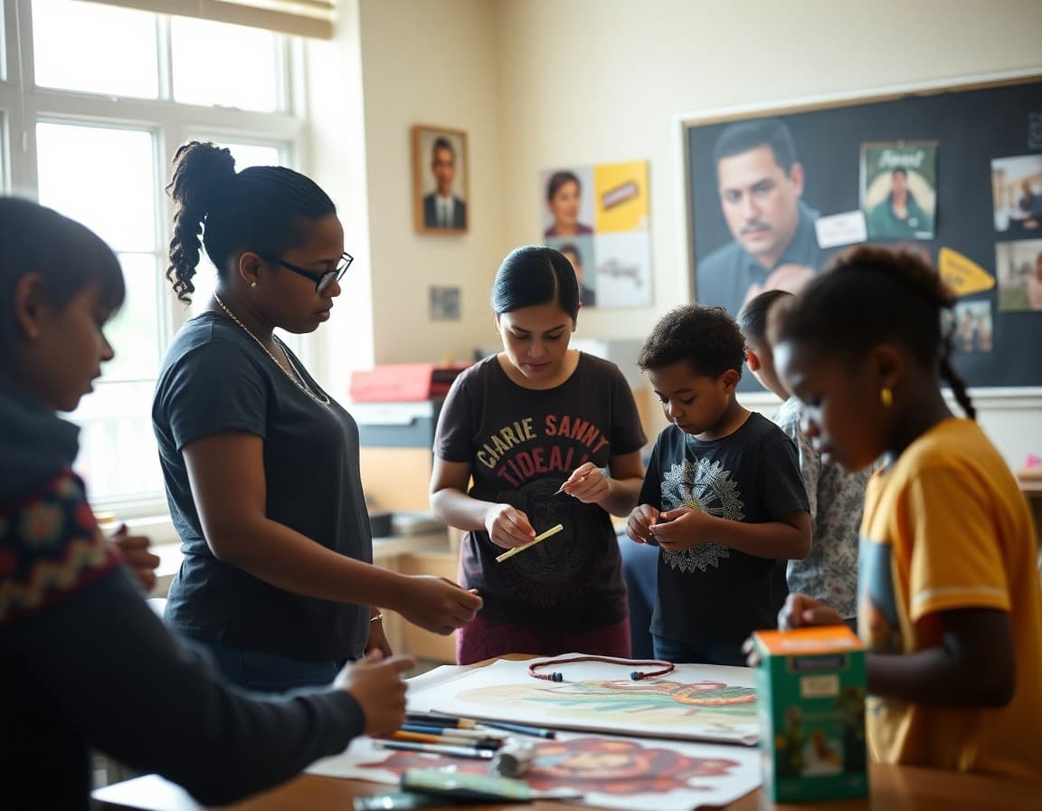 Art teacher and students working on Creole and Cajun arts project in Louisiana school classroom