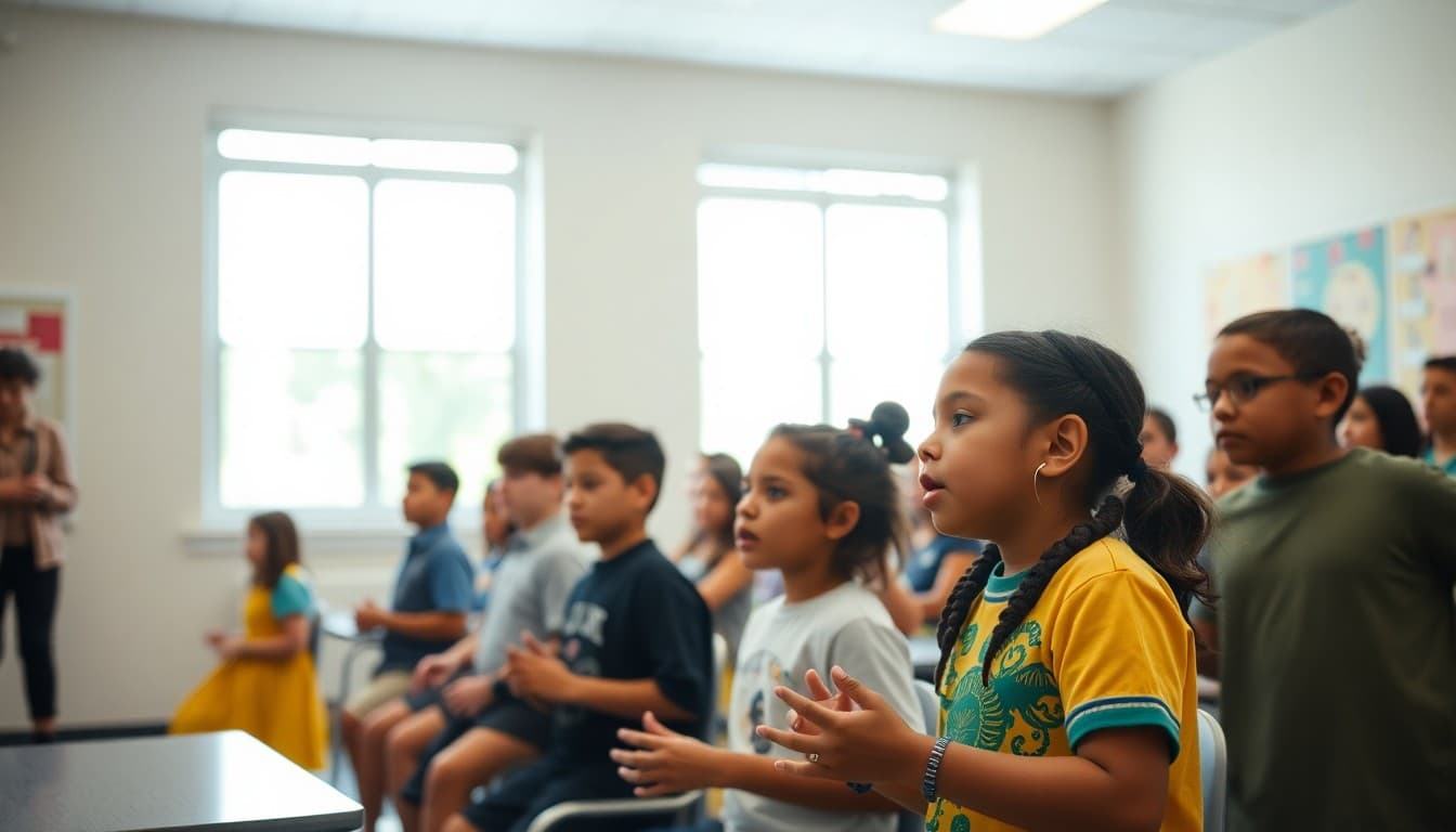 Louisiana school students performing in arts program with local cultural elements