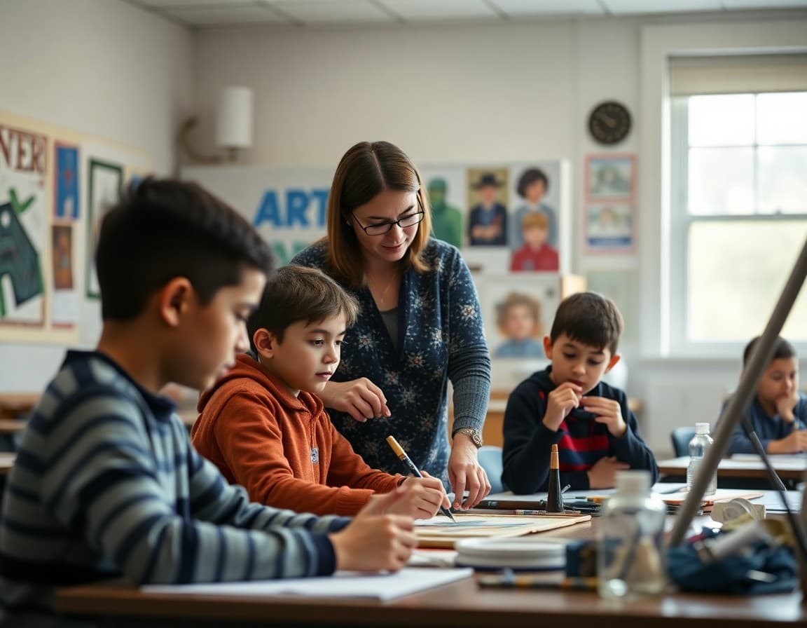 Art teacher and students working on New England cultural arts project in Massachusetts school classroom