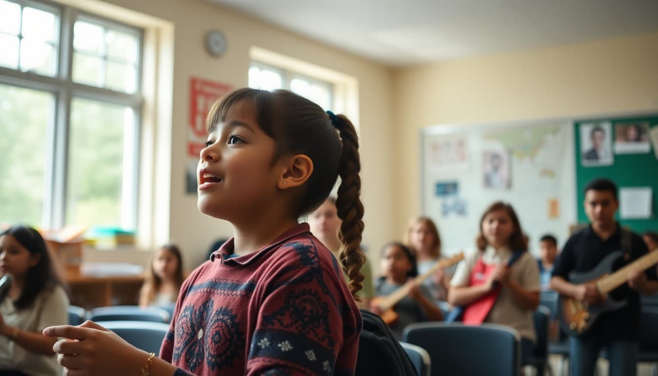 Massachusetts school students performing in arts program with local cultural elements