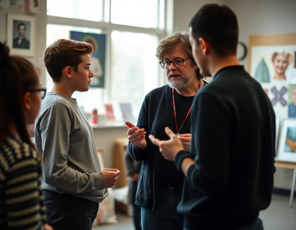 Art teacher discussing project concepts with students during March art class session
