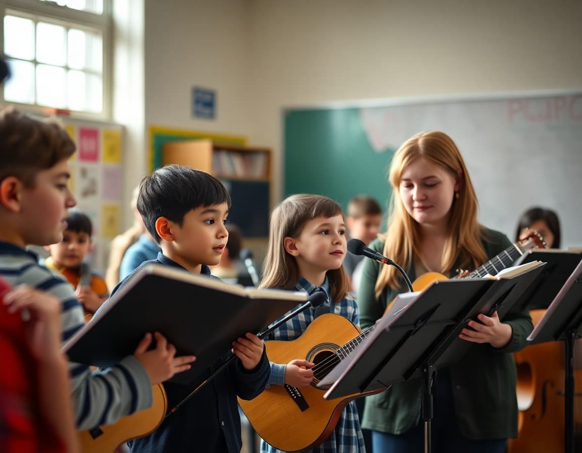 Music teacher and students celebrating Music in Our Schools Month in March