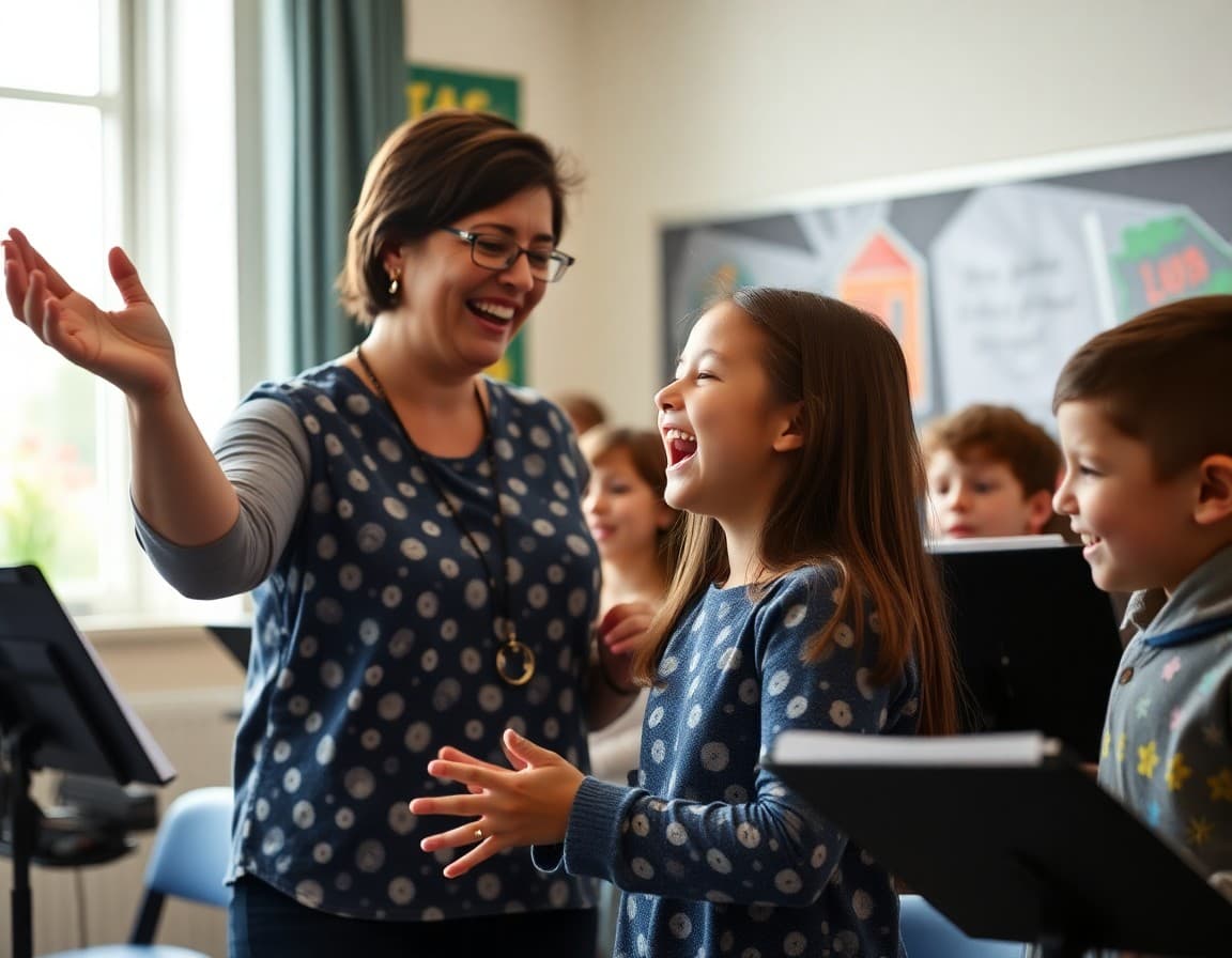 Music teacher celebrating with students after successful spring concert in May