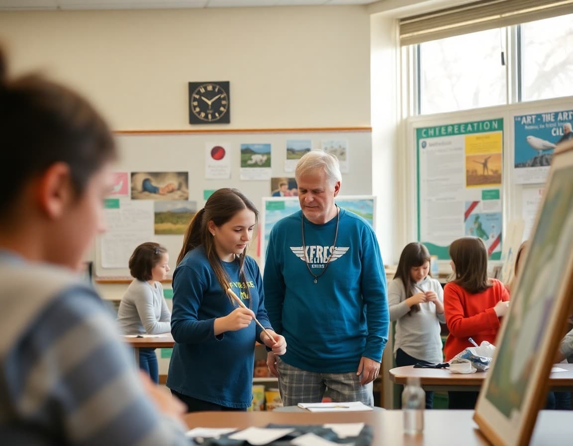 Art teacher and students working on Chesapeake Bay arts project in Maryland school classroom