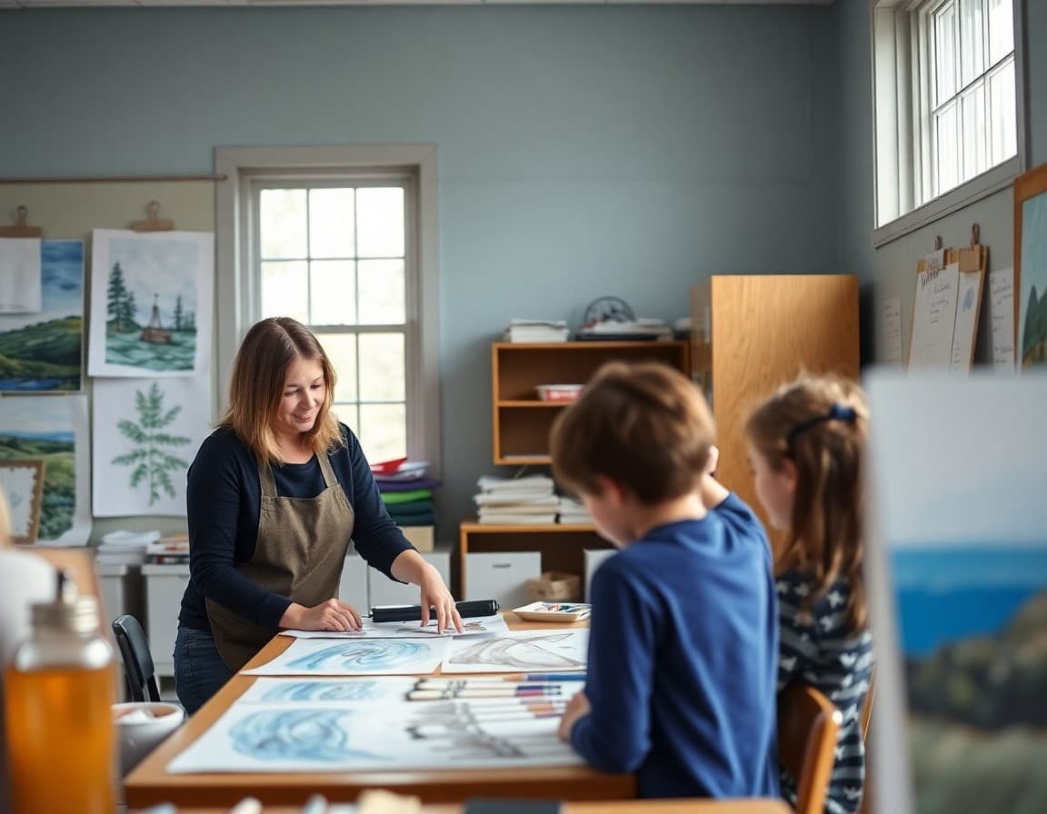 Art teacher and students working on New England coastal arts project in Maine school classroom