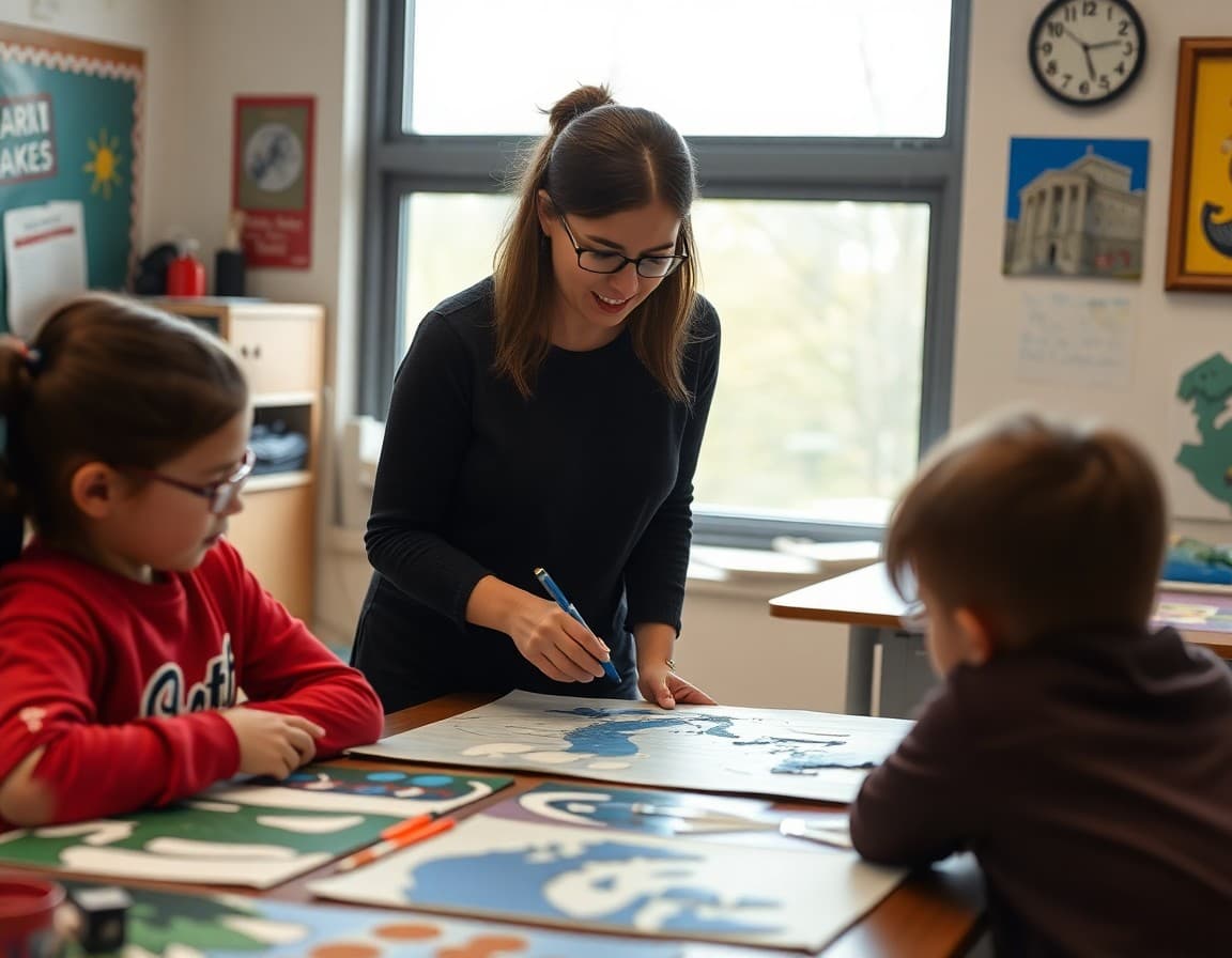 Art teacher and students working on Great Lakes arts project in Michigan school classroom