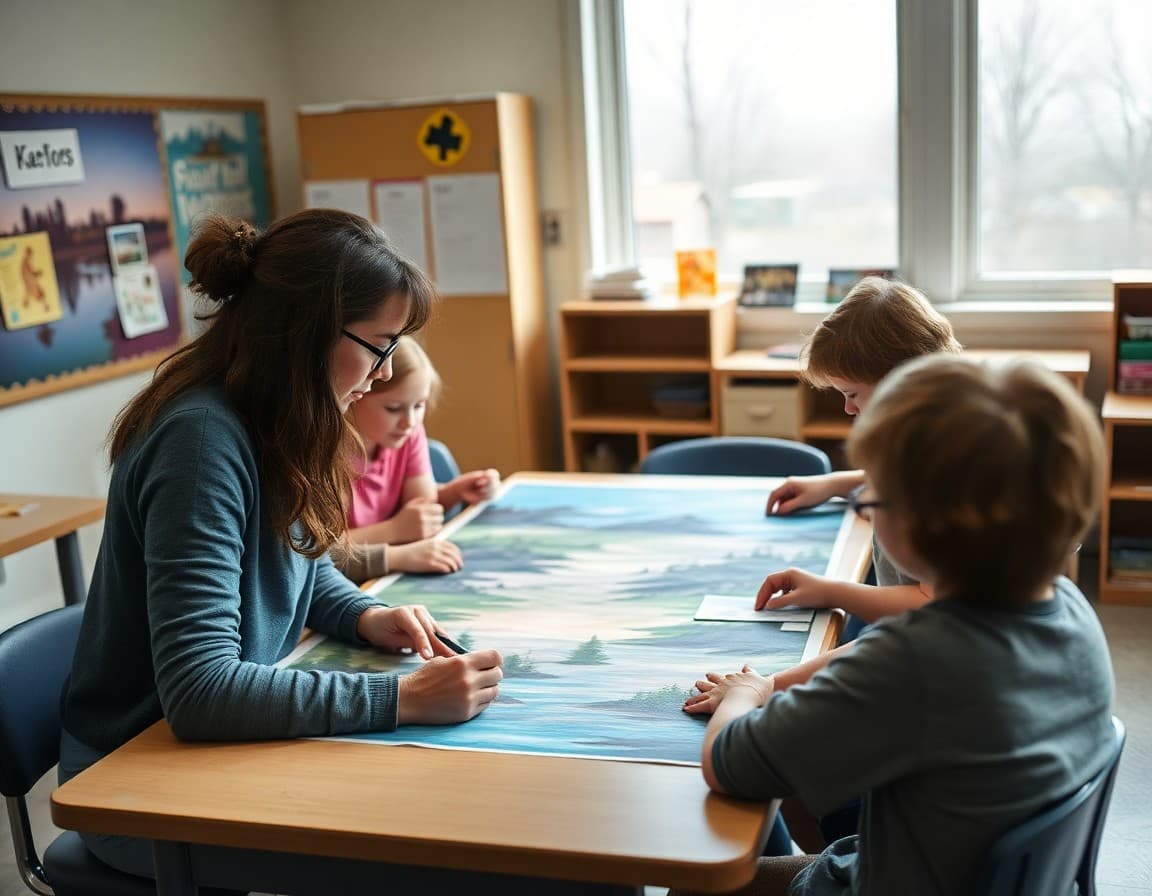 Art teacher and students working on northern lakes arts project in Minnesota school classroom