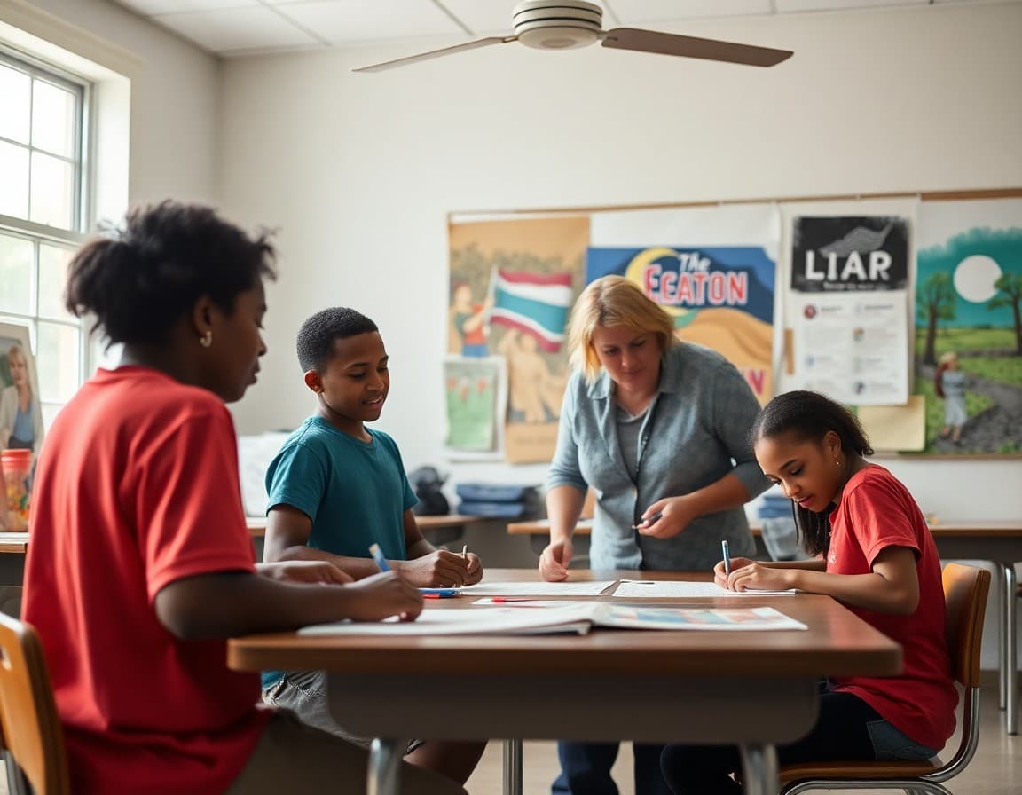 Art teacher and students working on Deep South arts project in Mississippi school classroom