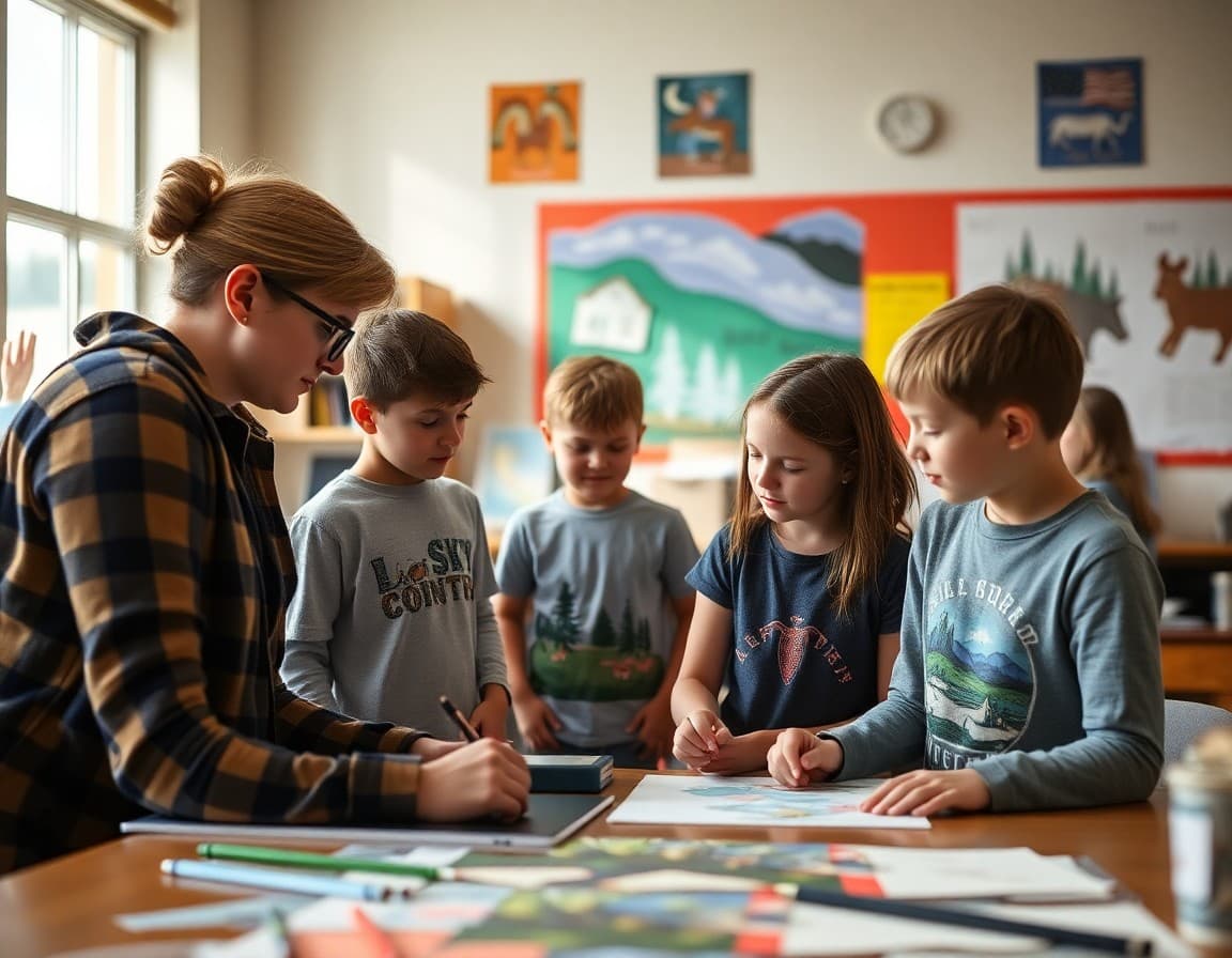 Art teacher and students working on Big Sky Country arts project in Montana school classroom