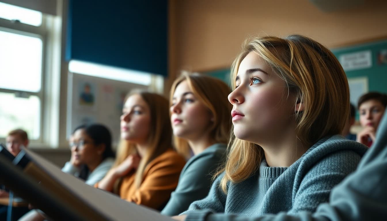 Music appreciation class listening to classical music in classroom with focused attention