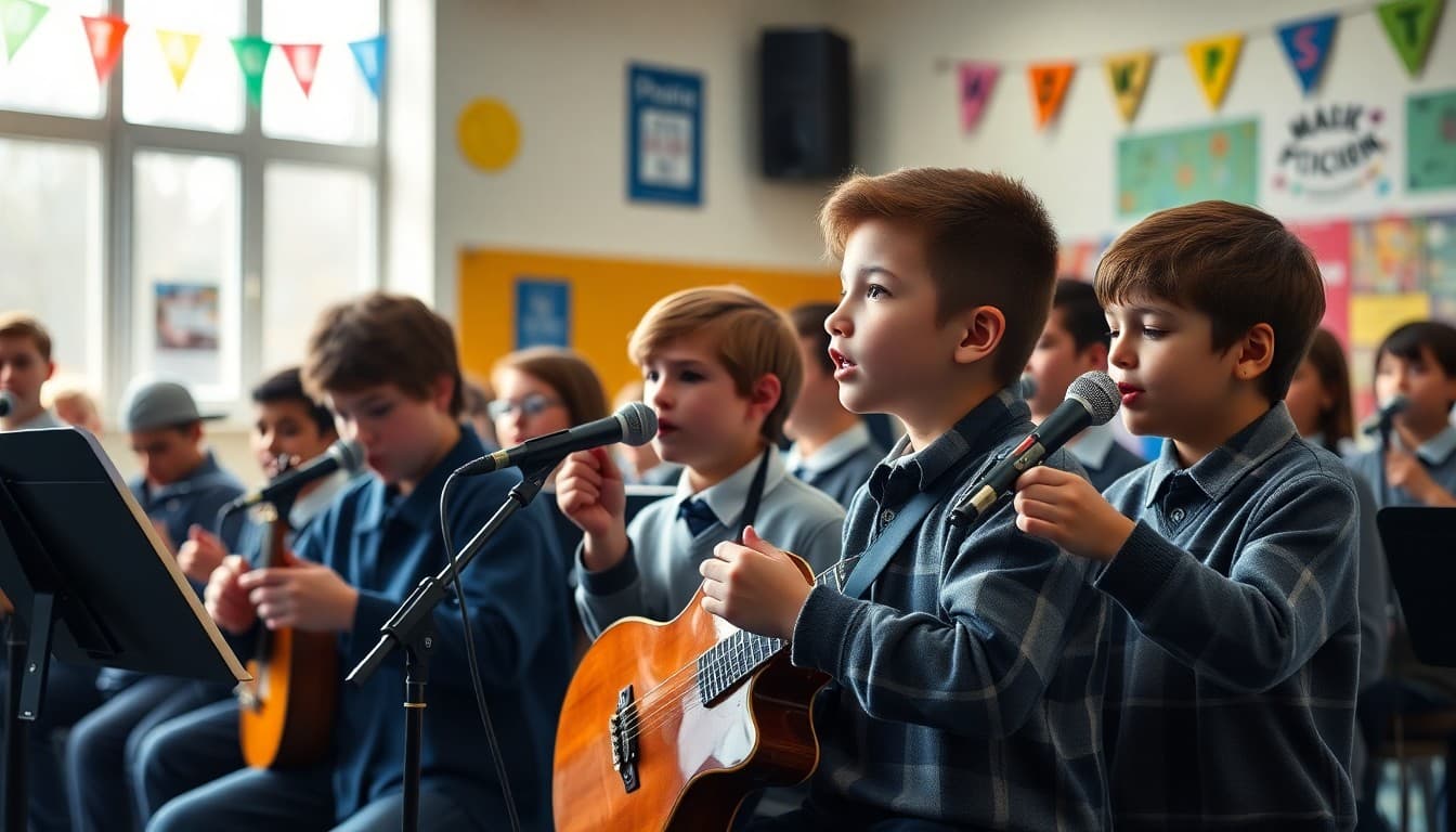 Students performing at school Music Appreciation Week concert with colorful decorations