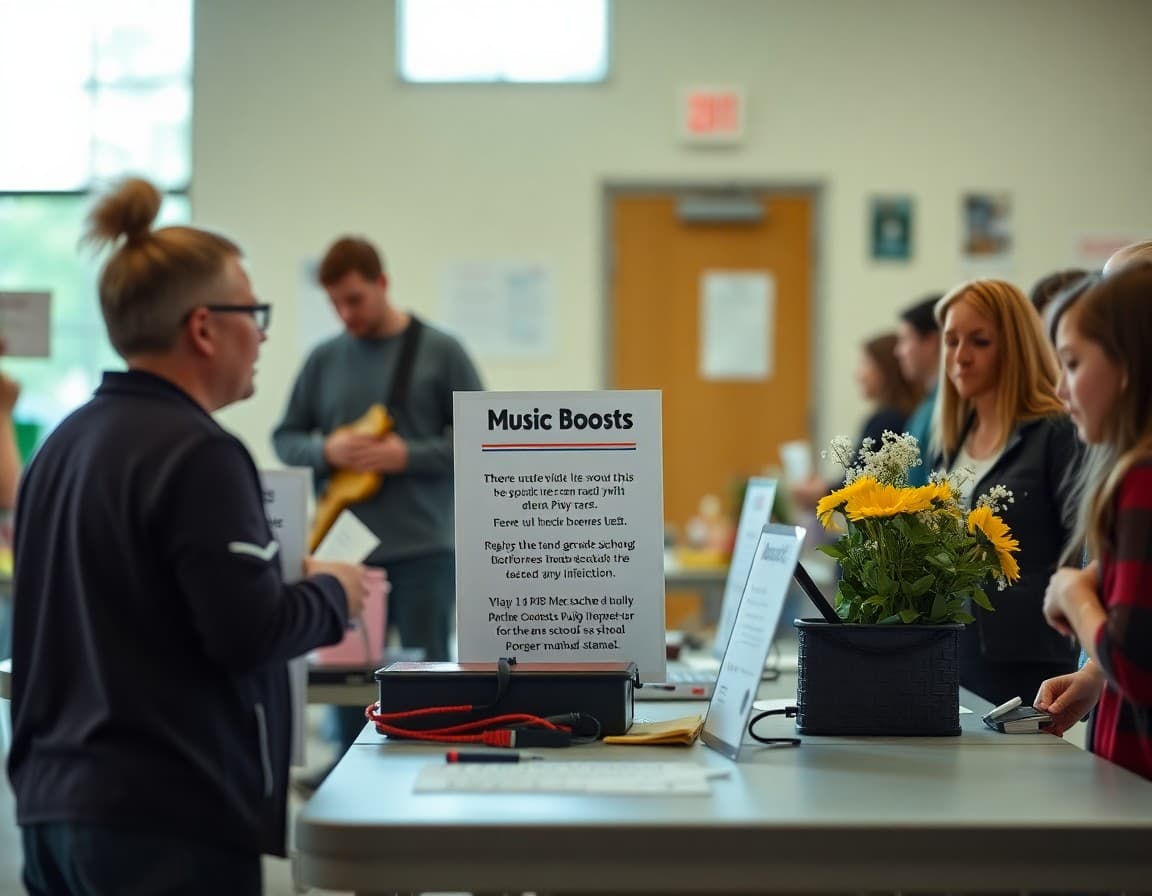 Music boosters table at school fundraiser with information about music program support