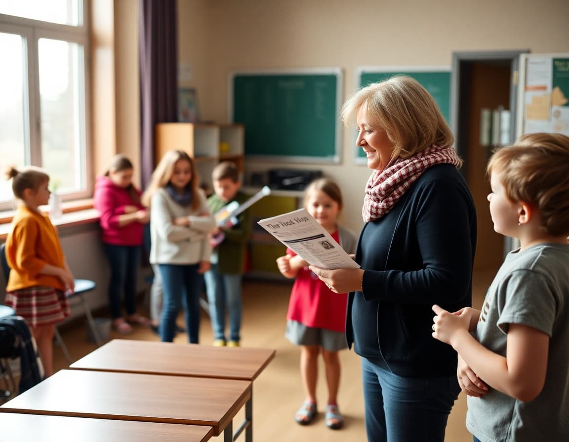 Music teacher welcoming new students to first class with newsletter in hand