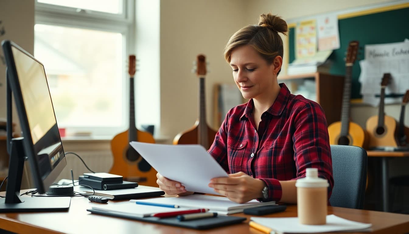 Music teacher preparing back-to-school newsletter at desk with instruments displayed