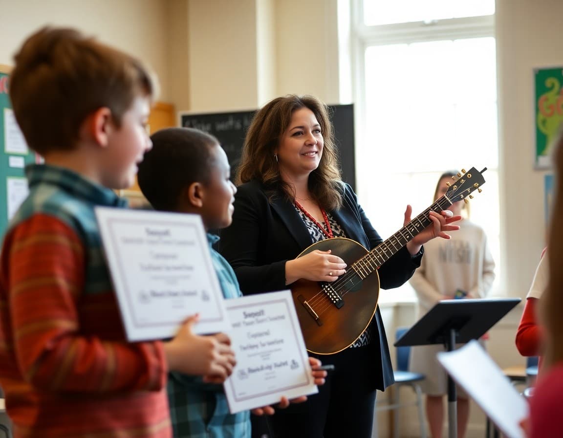 Music teacher presenting student achievement awards at end-of-year ceremony