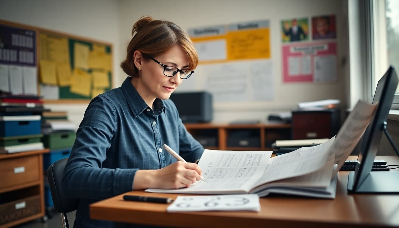Music teacher writing monthly newsletter at desk surrounded by musical notes and sheet music