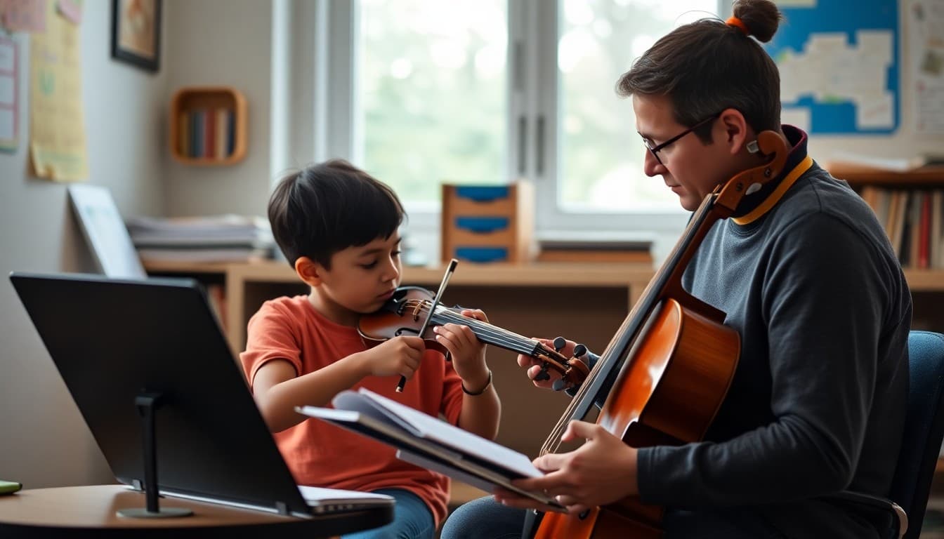 Parent helping child with instrument practice at home using music teacher resources