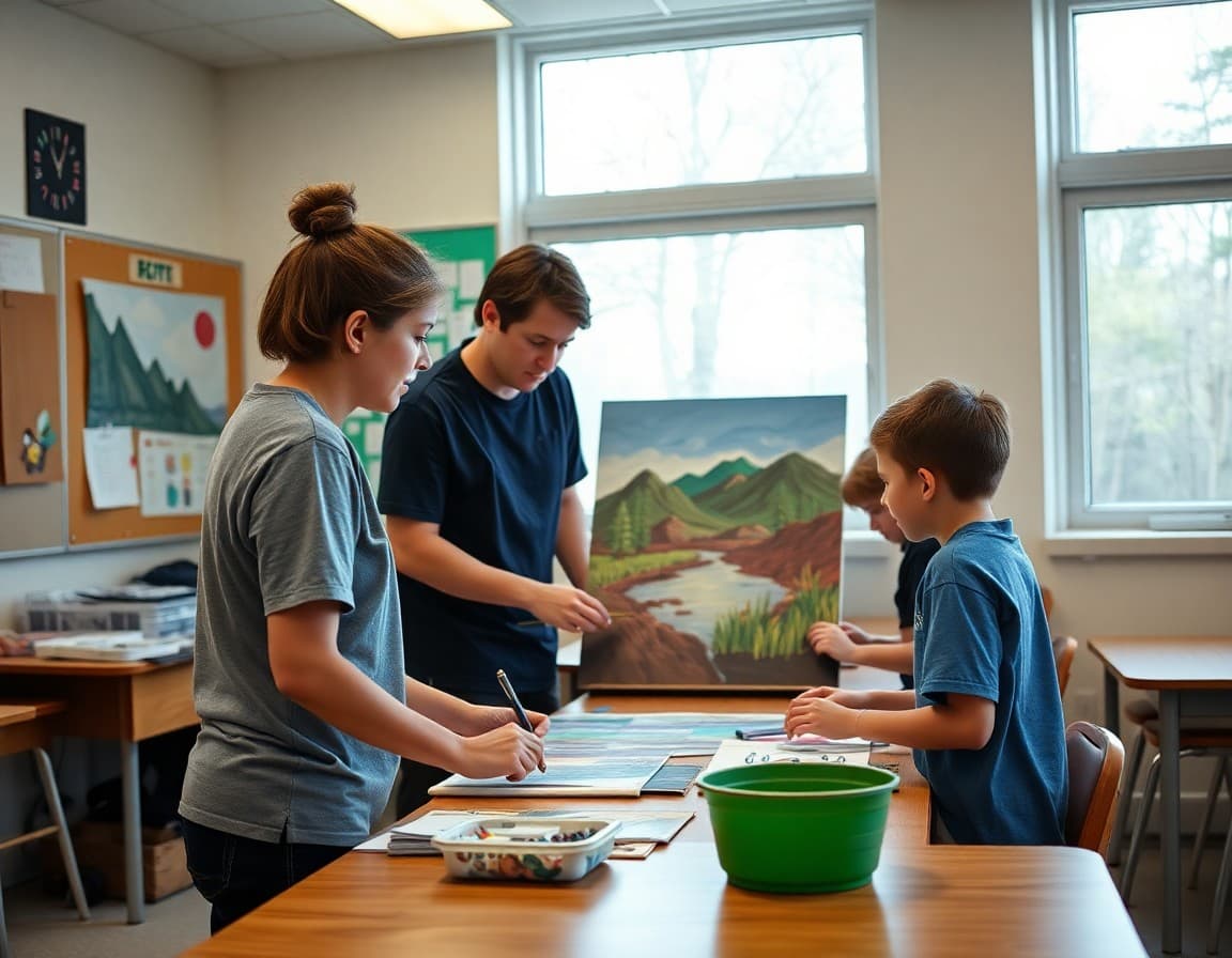 Art teacher and students working on Piedmont and mountain arts project in North Carolina school classroom