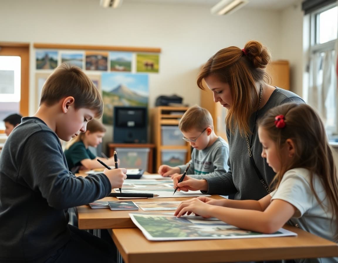 Art teacher and students working on northern plains arts project in North Dakota school classroom
