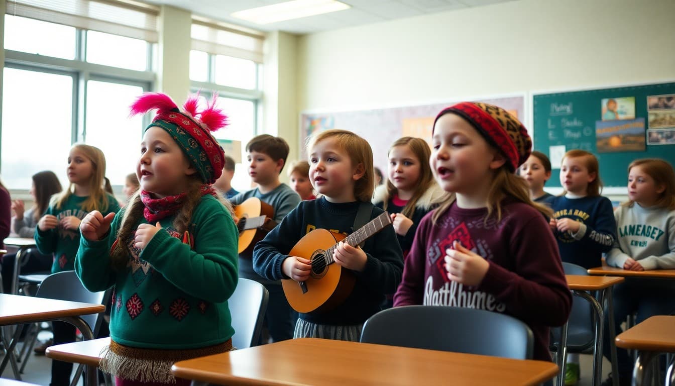 North Dakota school students performing in arts program with local cultural elements