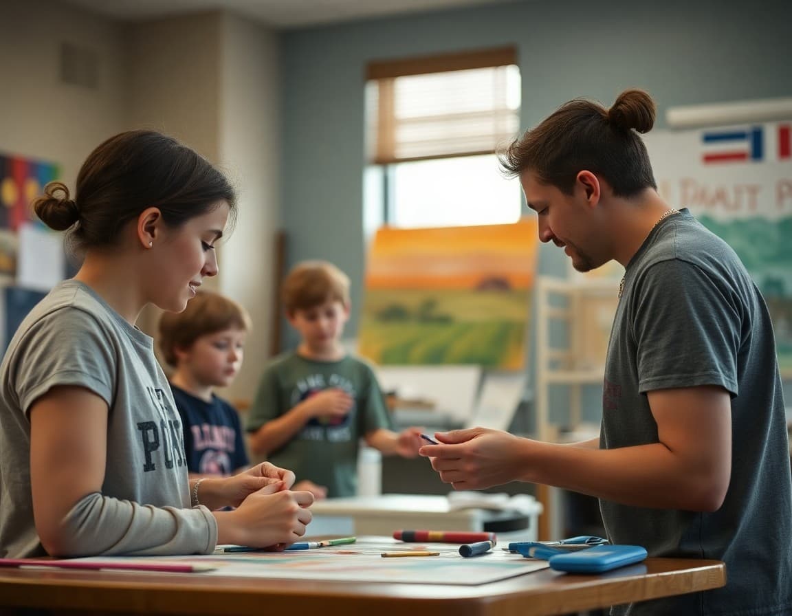 Art teacher and students working on Great Plains arts project in Nebraska school classroom
