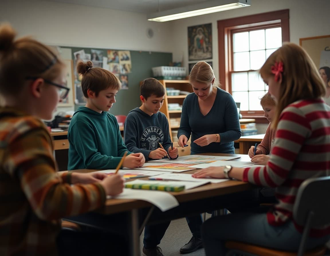Art teacher and students working on northern New England arts project in New Hampshire school classroom