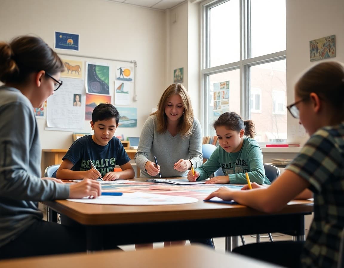 Art teacher and students working on Mid-Atlantic arts project in New Jersey school classroom