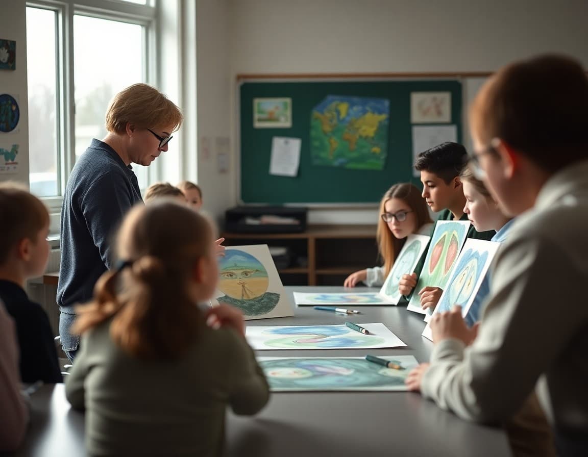Art teacher reviewing completed projects with class near end of November unit