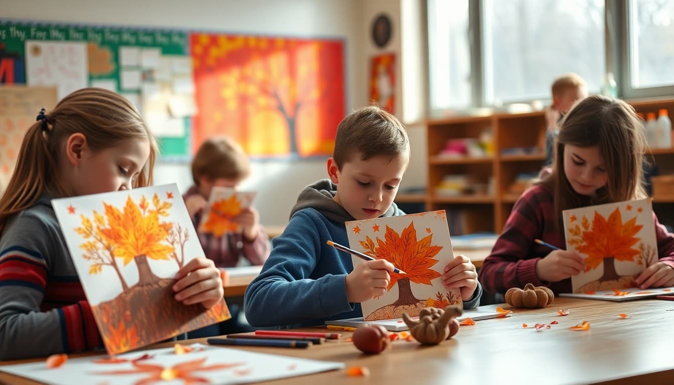Students creating fall-themed artwork in November art class with warm autumn colors