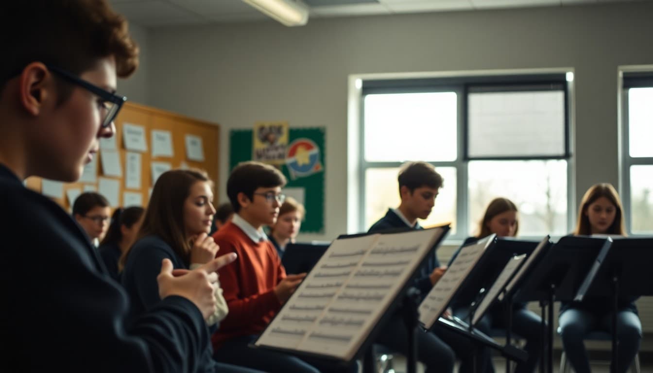 Music ensemble in November rehearsal preparing for upcoming winter concert performance
