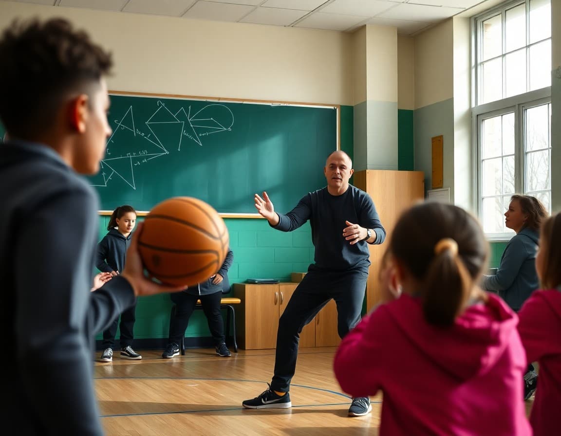 PE teacher demonstrating basketball technique to students in November class