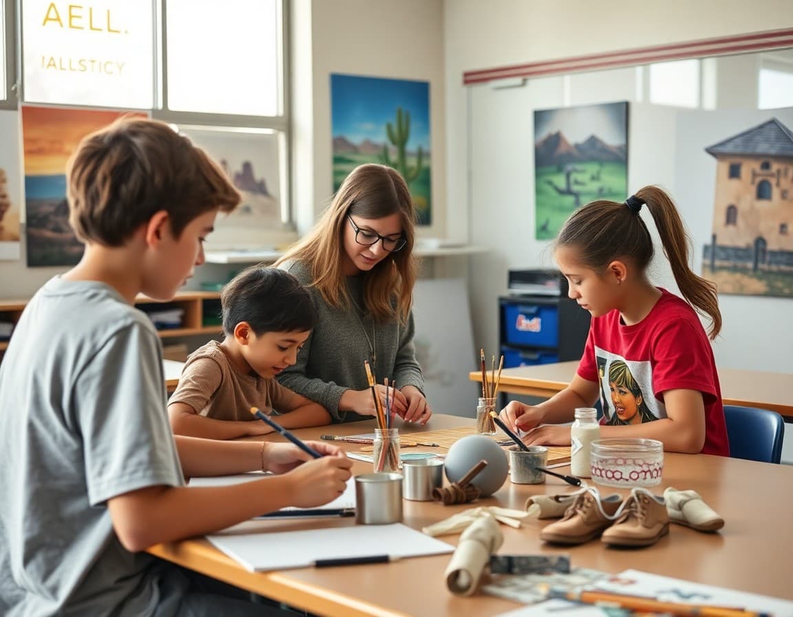 Art teacher and students working on desert and entertainment arts project in Nevada school classroom
