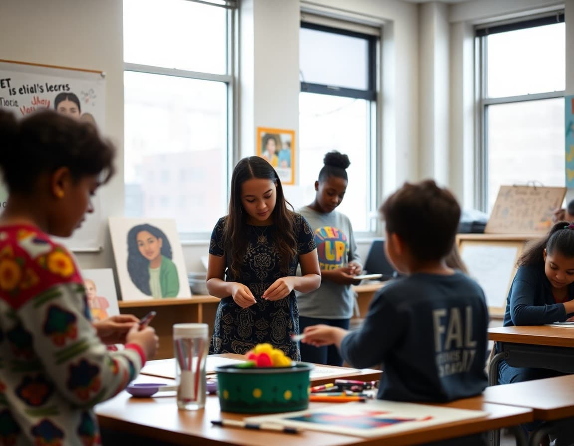 Art teacher and students working on culturally diverse arts project in New York school classroom