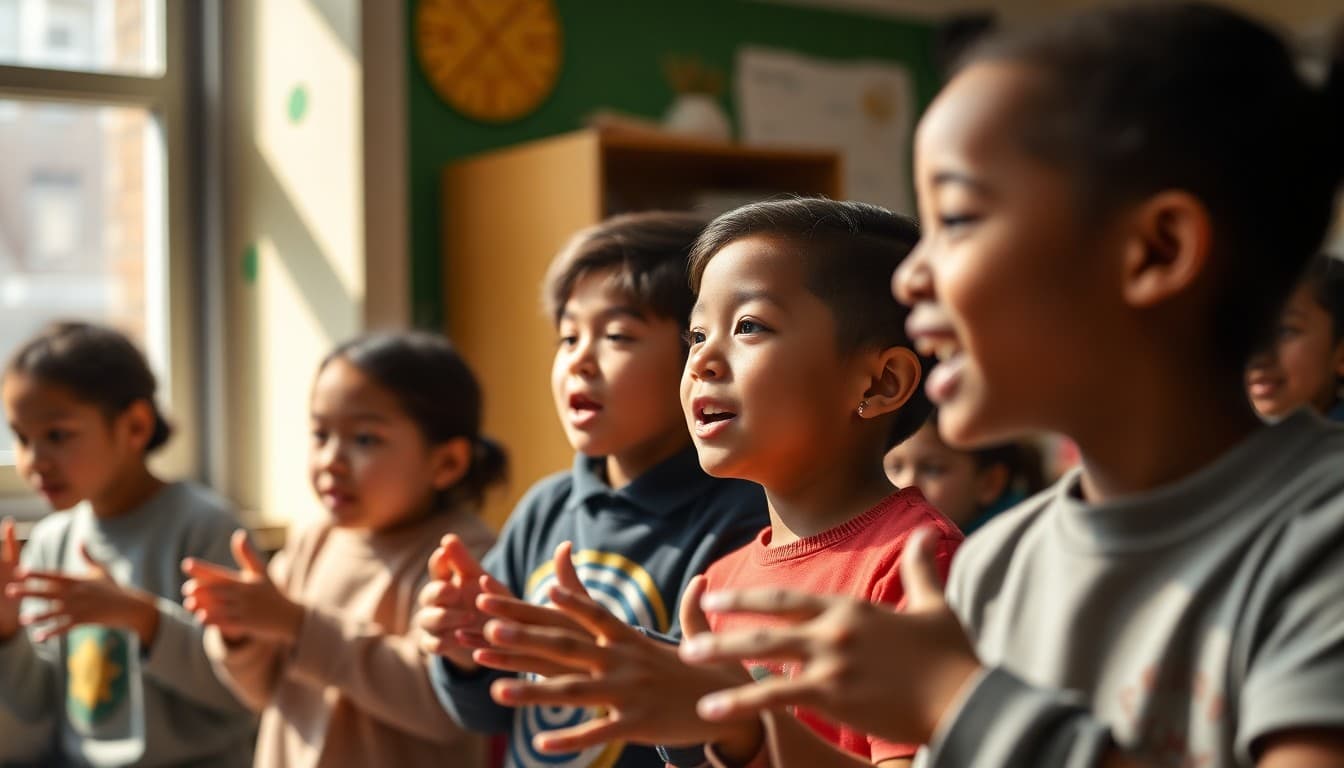 New York school students performing in arts program with local cultural elements