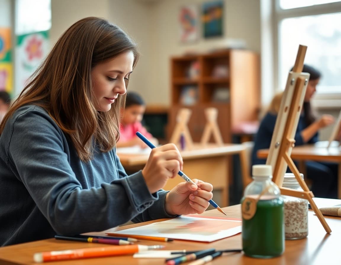Art teacher helping student with painting project during October art class
