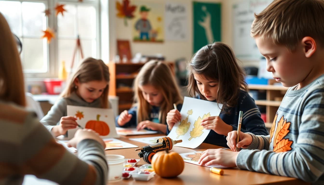 Students working on fall-themed art projects in October elementary art class