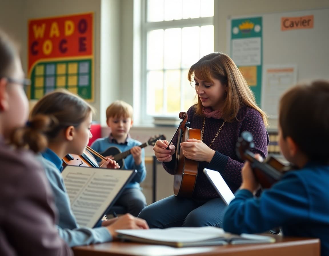 Music teacher working with small group of students on technique in October class