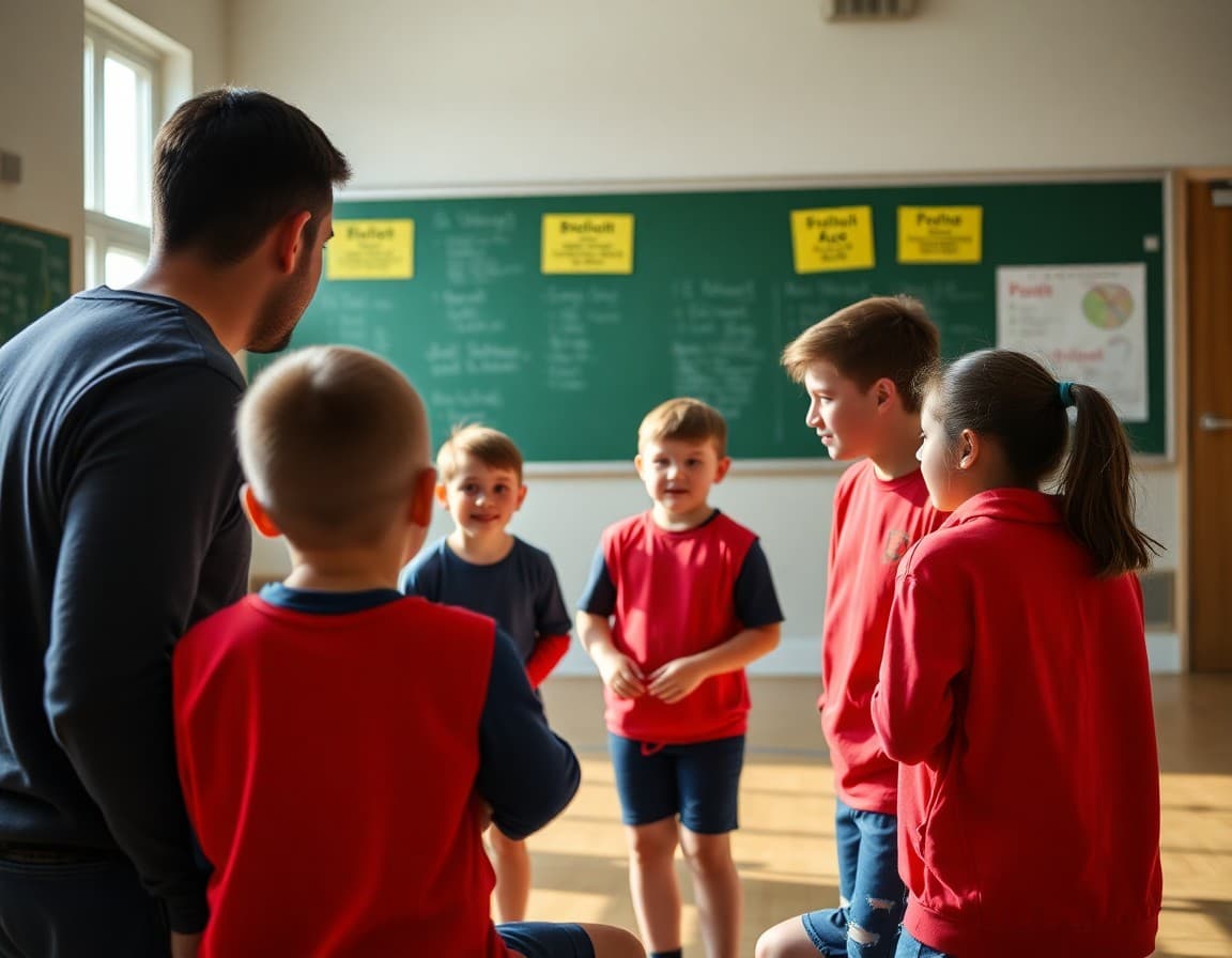 PE teacher coaching students on team strategy during October PE unit