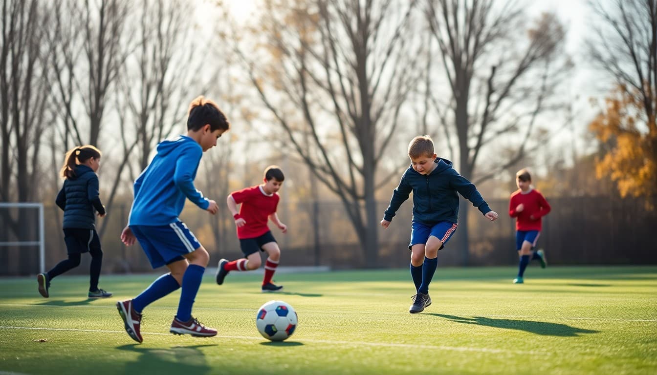 Students playing soccer in October PE class on school athletic field
