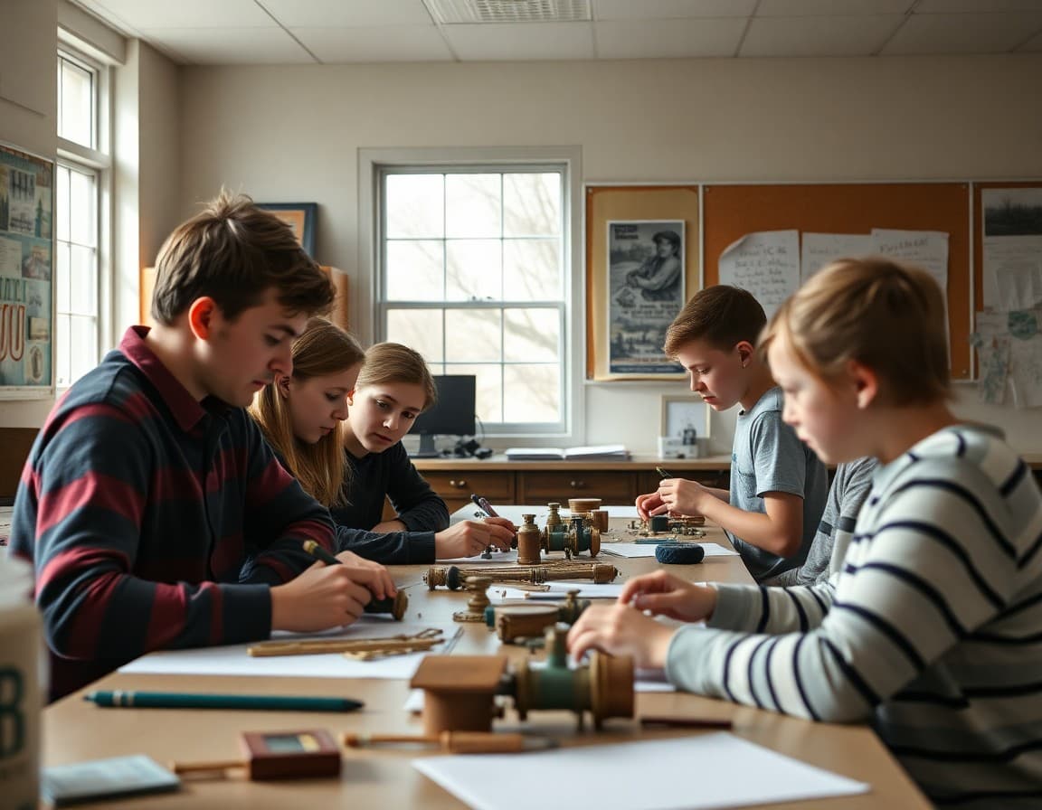 Art teacher and students working on Midwestern industrial and rural arts project in Ohio school classroom