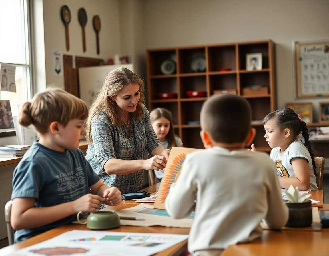 Art teacher and students working on Native American heritage arts project in Oklahoma school classroom