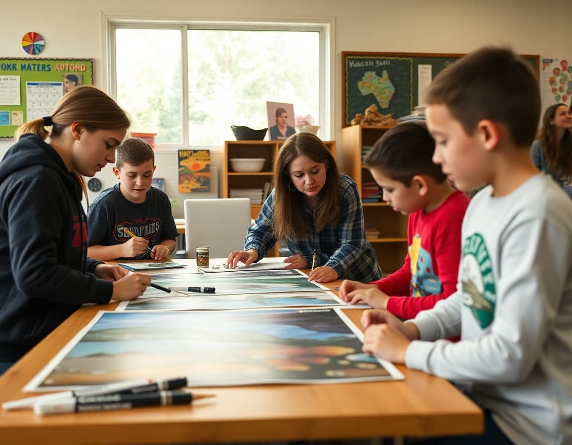 Art teacher and students working on Pacific Northwest arts project in Oregon school classroom