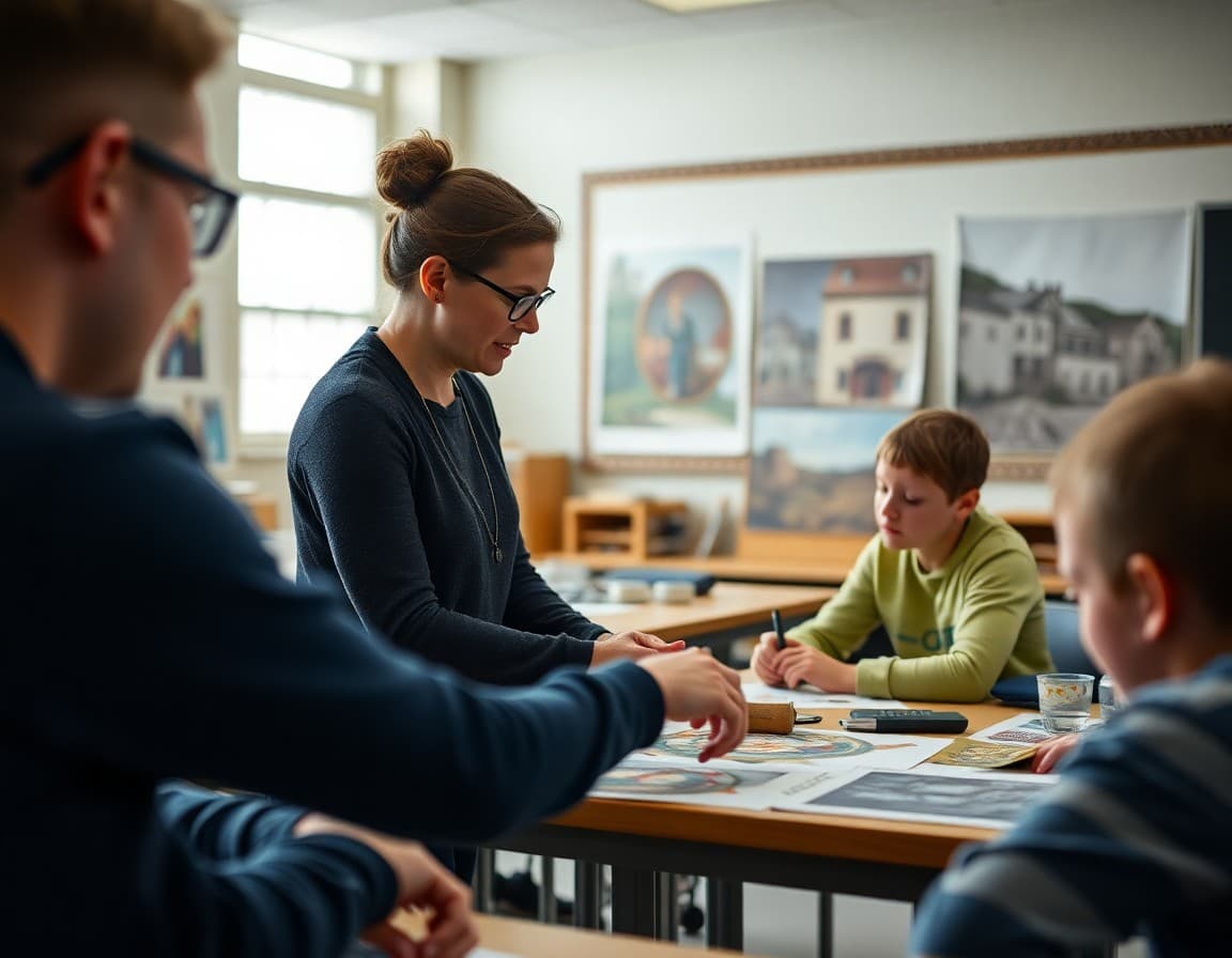 Art teacher and students working on Mid-Atlantic historical arts project in Pennsylvania school classroom